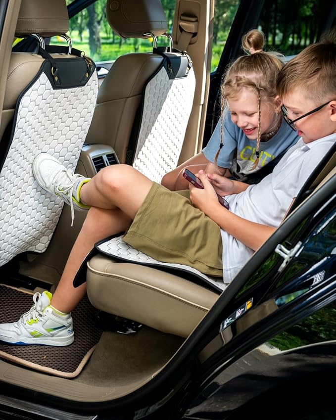 Owleys Kick Mat Back Seat Protector - Car Back Seat Cover for Kids Feet - Waterproof & Sturdy Protector for Upholstery from Dirt, Mud, Scratches and Stain (White)