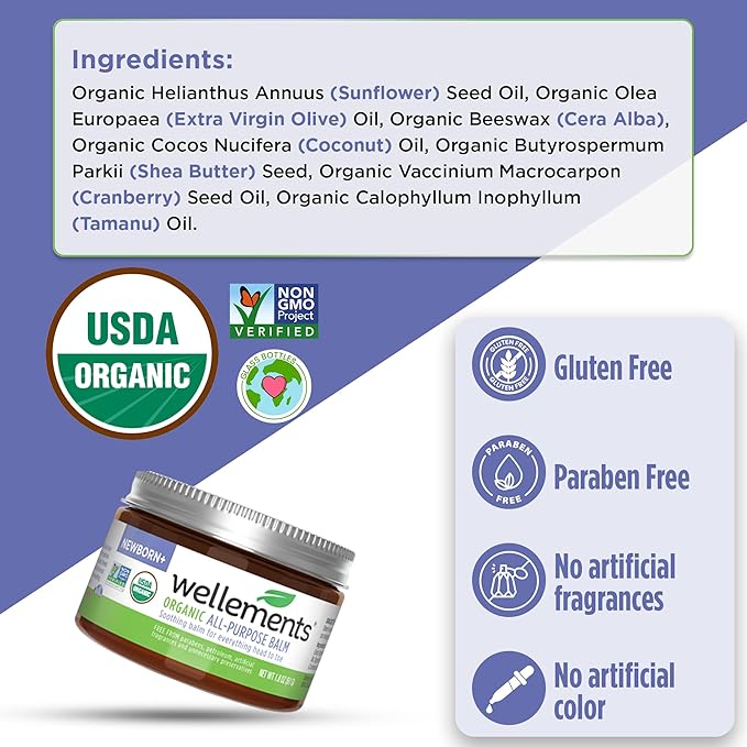 Wellements Organic All Purpose Balm for Babies and Kids (1.8 Fl Oz) | Gentle and Soothing All Over Baby Ointment* for Dry, Chafed and Sensitive Skin | Free from Petroleum, Parabens and Fragrances