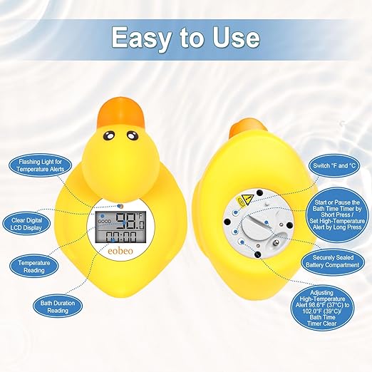 Instant-Read Baby Bath Thermometer - Baby Safety Rubber Duck with Auto Water Temperature Alert & Timer, Cute Floating Bath Toy & Digital Room Thermometer, Essential Must-Have for Baby