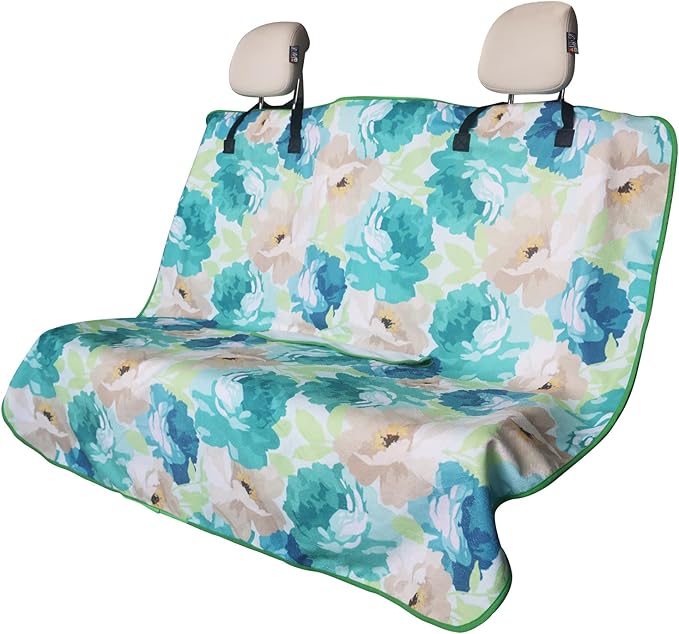 Back Seat Cover Protector for Dogs and Kids, Universal Waterproof Towel Rear Bench Seat Cover for Car, Truck, Van & SUV, Machine-Washable Backseat Car Covers (Cyan Flower, 1pcs Rear Seat)