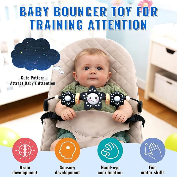 THE KENKYO Wooden Baby Bouncer Toy Bar Compatible with Baby Bjorn, Rotatable Bouncer Toy Attachment, Funny Sensory Toy for Newborn to Toddler, Easy to Attach and Remove (Black)