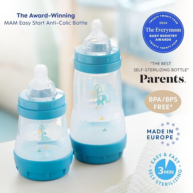 MAM Newborn Essentials Matte Feeding Set, Easy Start Anti-Colic Bottles 5oz, Self-Sterilizing, for 0-3 Months Pacifiers, Skinsoft Silicone Nipples, 10 Pieces for Boy