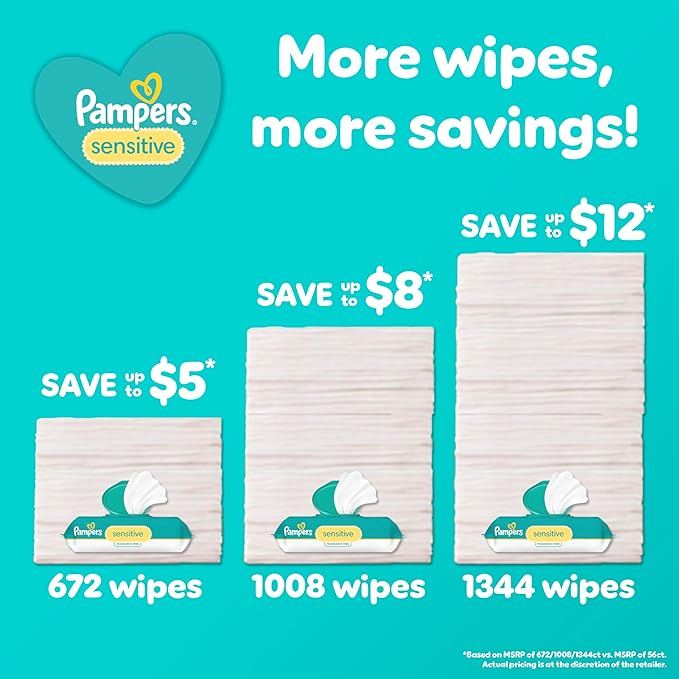 Pampers Baby Wipes Sensitive, Water Based Wipes, Hypoallergenic and Unscented Wipes, 192 Wipes Total (3 Refill Packs)