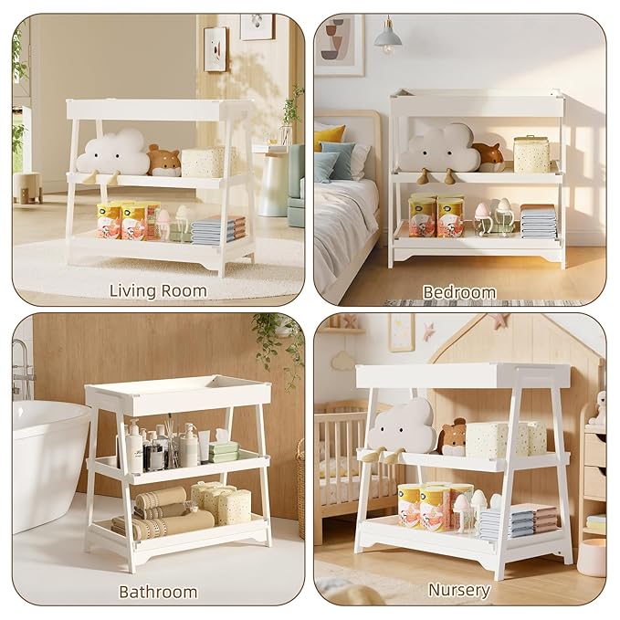 YUFU Baby Changing Table, Portable Diaper Changing Table with Changing Pad, Baby Diaper Changing Station with 2 Tier Storage Shelves for Newborn Baby and Infant, White
