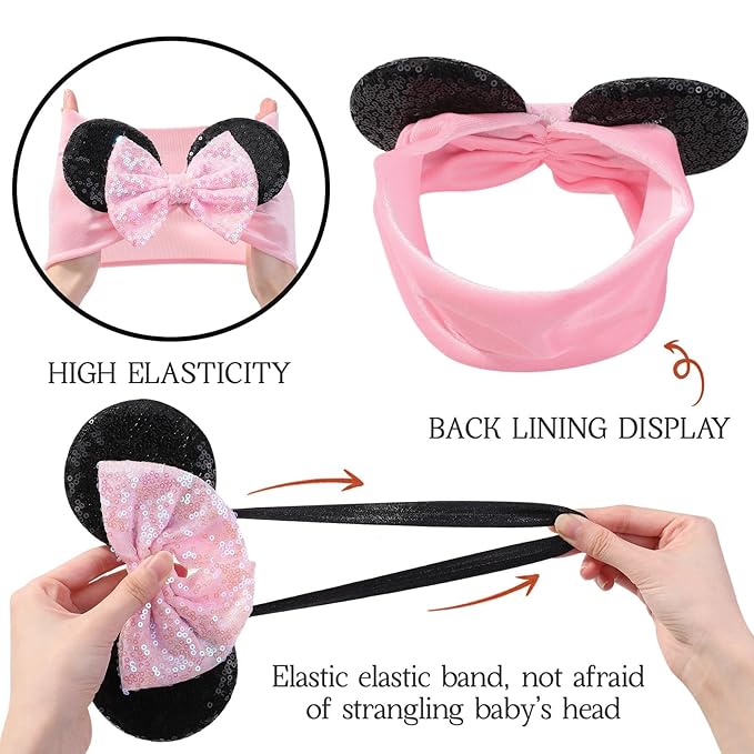 choicbaby Baby Girl Headbands Mouse Ears Headwrap with Sequin Polka Dot Bow Soft Stretchy Nylon Hair Bands for Newborn Infant Baby Toddler Girls- Pack of 4