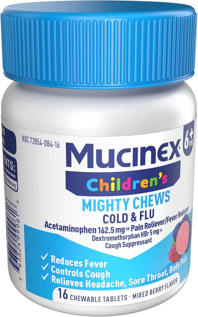 Mucinex Children's Mighty Chews Cold and Flu Medicine, Easy to Dose Children's Acetaminophen & Dextromethorphan, Kids Cough Medicine, Ages 6+, Mixed Berry Flavor, 16 Medicated Chewable Tablets