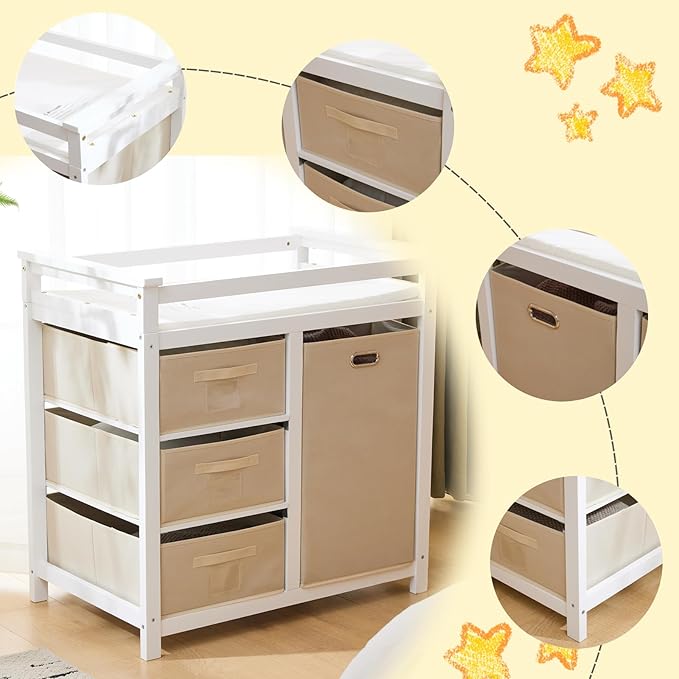 Karl home Modern Baby Changing Table,Dresser Baby Diaper Changing Station with Laundry Hamper,Infant Nursing Table with 3 Storage Drawers,Removable Safety Rail & Strap for Bedroom,Nursery,White
