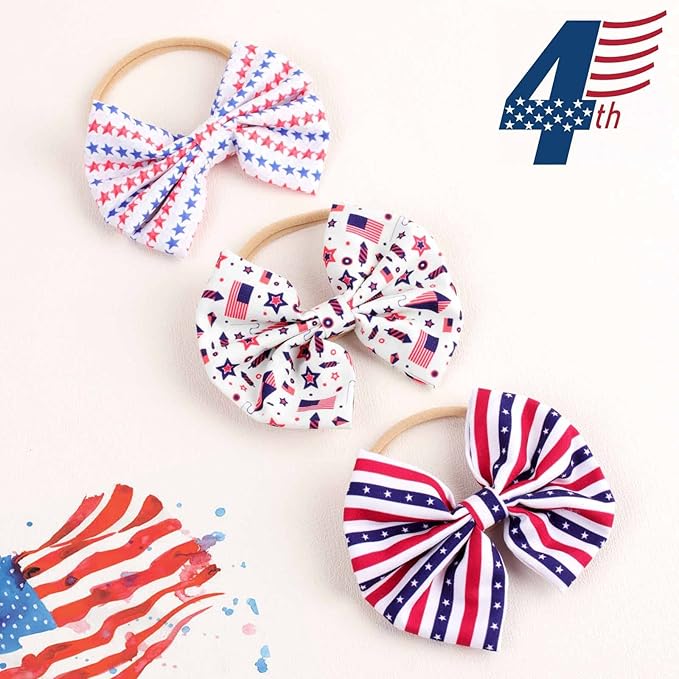 4th of July America Flag Baby Headbands Cheer Bow, Baby Girls Red White Blue Star Spangled Patriotic Hair Bow for Newborns Toddlers Small Children,3 Pcs (America Flag-C)