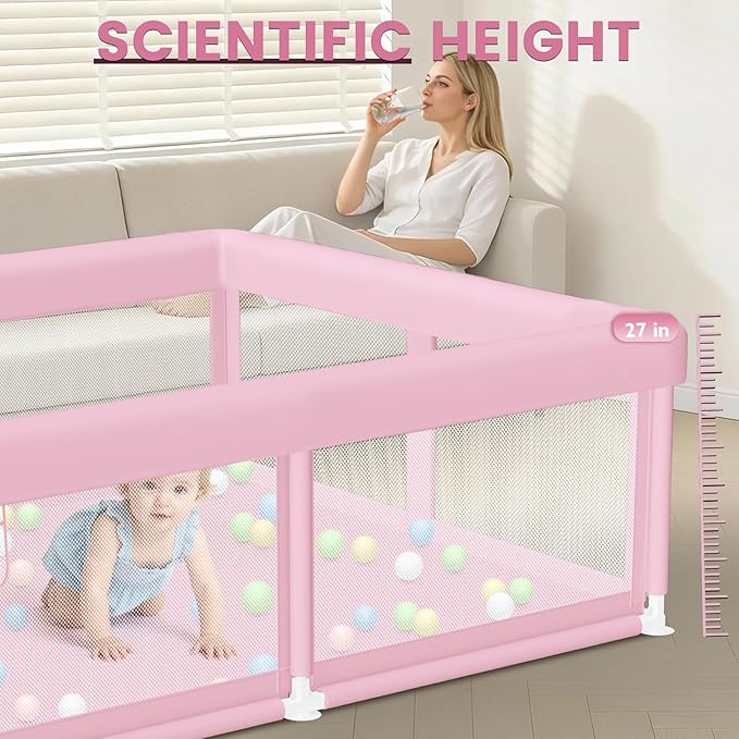 Large Baby Playpen 50"x50" Baby Girl Play Pen for Babies and Toddlers, Safe Structure and Soft, Skin-Friendly Fabric with Zipper Gates Pink