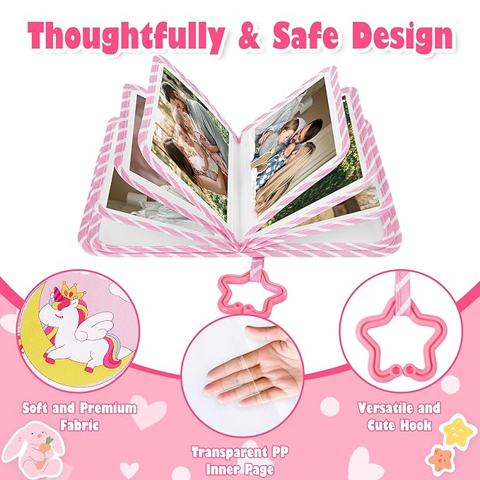 Lanpn Baby Photo Album Holds 17 4x6 Pictures, My First Soft Cloth Family Photo Book with Name Card & Name Tag Sticker, Fabric Kid Memory Keepsake Gift for Baby Shower Newborn Toddler Girl (Unicorn)