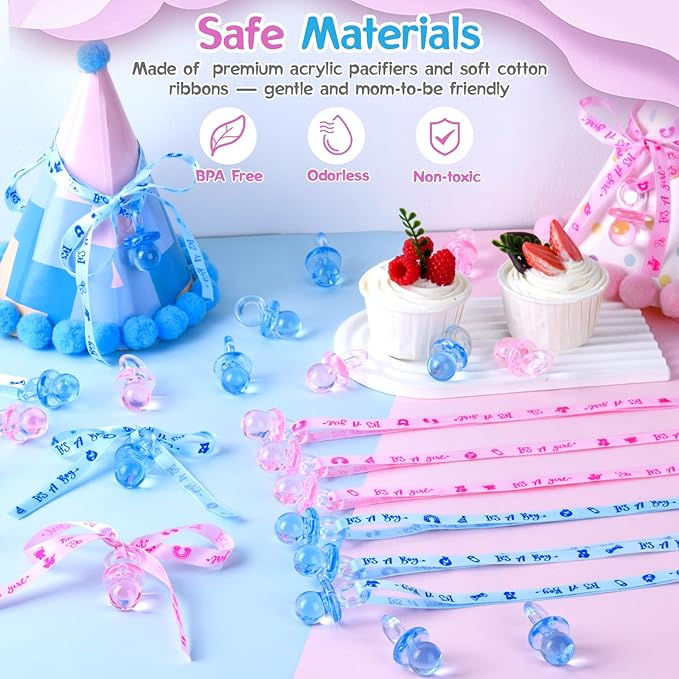 60 Pcs Baby Shower Pacifiers Necklace, Cute Acrylic Pacifier Necklaces for Chupones para Baby Shower Games Charm, Party Favors, Decorations DIY, Gender Reveal Table Scatter(Blue&Pink)