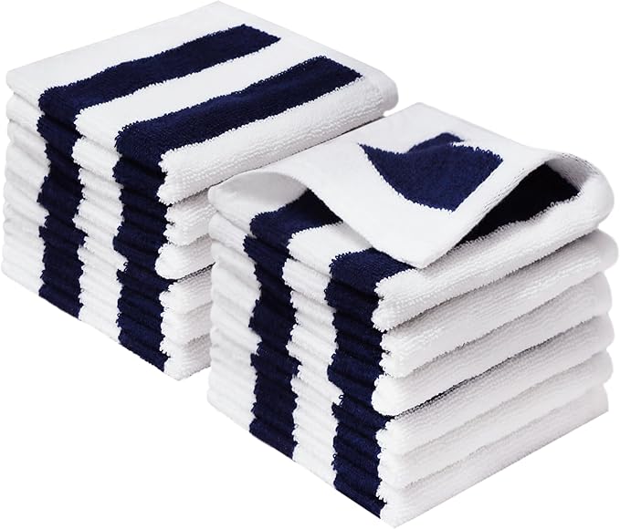 ORIGINAL KIDS Wash Cloth - Set of 12 Cabana Stripe Washcloths - 100% Cotton Yarn-Dyed Terry - 450 GSM Quick Dry Soft Absorbent Gentle Baby Face Towels for Bathroom Travel Daycare - 12 x 12 - Navy