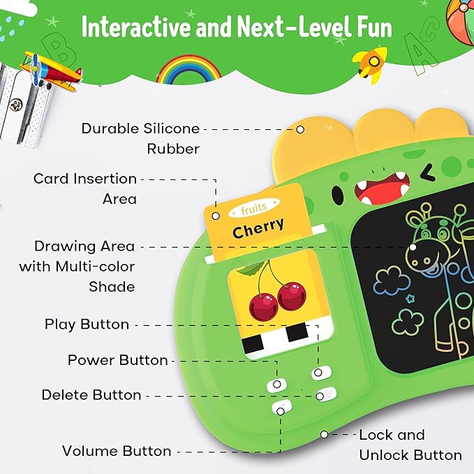 Henry & Colin Smart Talking Flash Cards Reader with LCD Writing Drawing Tablet Card for Kids – Colorful Drawing Pad, Educational Toy, Reusable Board, Travel Essential for Boys & Girls (Green)