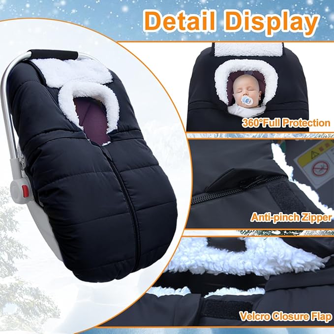 Winter Baby Car Seat Cover - Infant Carseat Bunting Bag Blanket Keep Baby Warm for Newborn Boys Girls- Cold Weather Insulated Windproof Carrier Canopy for Travel (Black)