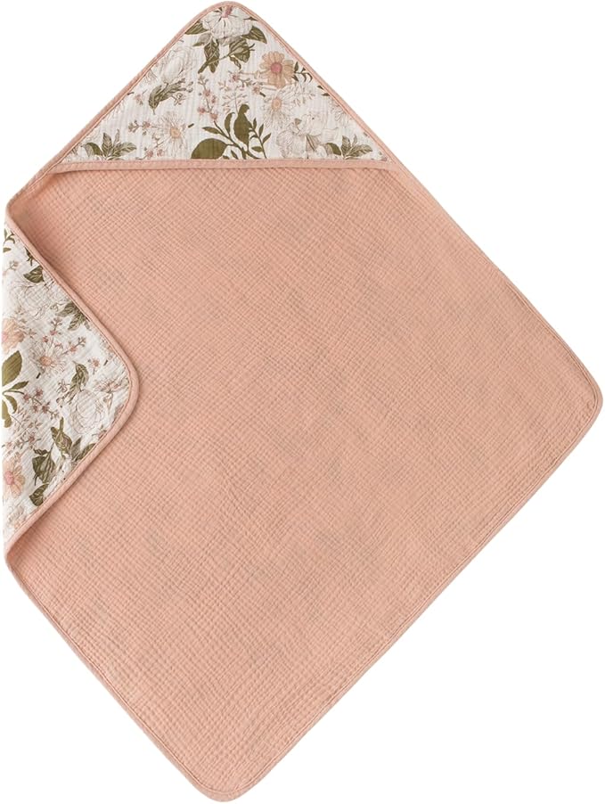 Little Jump Muslin Hooded Baby Bath Towels - 2 Pack 100% Cotton Towel for Babies, Infants, Toddlers - 32x32Inch - Highly Absorbent and Newborn Essential (Vintage Blossom)