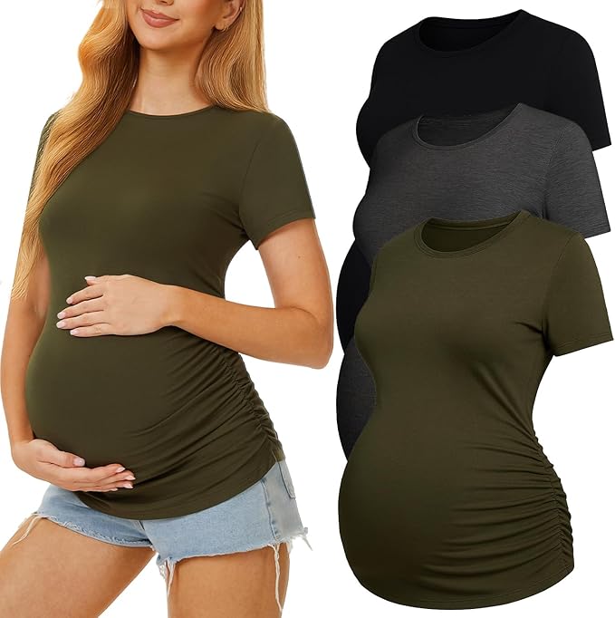 3 Pack Womens Maternity Shirts - Crew Neck Maternity Top Short Sleeve Pregnancy Tee Shirts