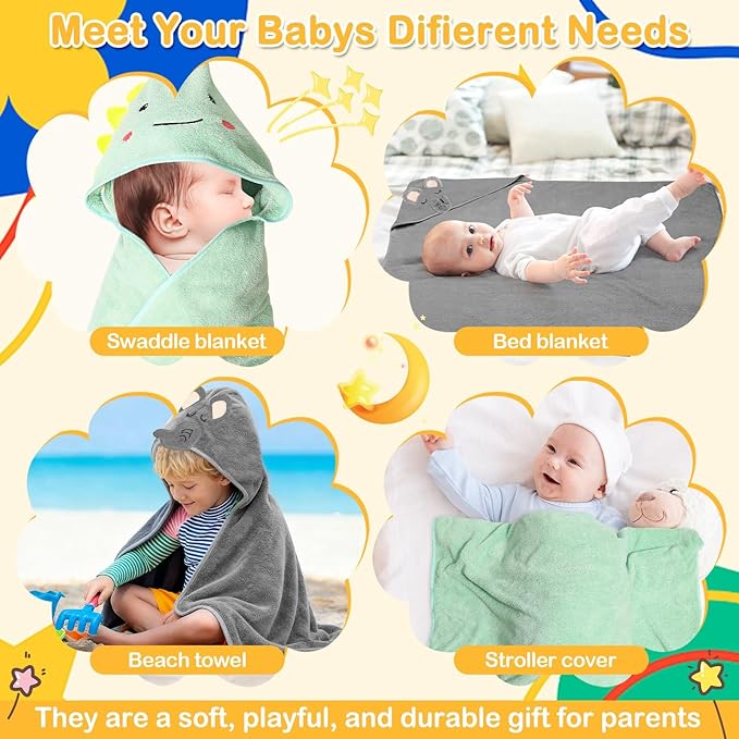 12 Pcs Baby Towel Set, Soft Baby Bath Towels and Washcloths Set, 2 Pcs Hooded Baby Towel, 2 Pcs Baby Burp Cloths and 8 Pcs Baby Washcloths for Infants, Toddlers and Kids (Dinosaurs & Elephants)