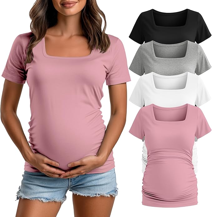 4 Pack Women's Maternity Shirts Cotton Square Neck Pregnancy Tops Side Ruched Summer Short Sleeve Tees Multipack