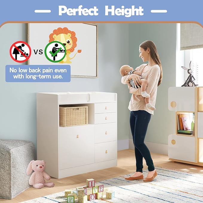 Baby Dresser Changing Table, Modern Nursery Dresser with Drawers, Storage Shelves, Diaper Changing Station for Nursery Room,Bedroom,Kids Room (White)
