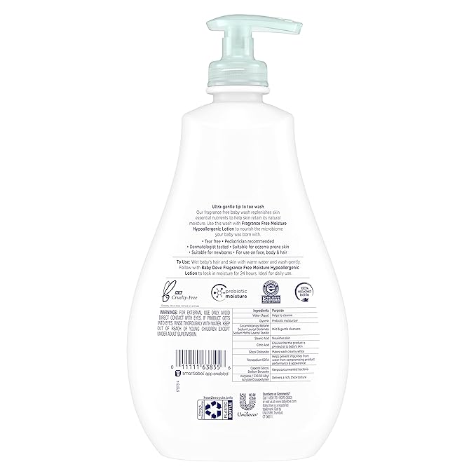 Baby Dove Sensitive Skin Care Baby Wash Fragrance Free Moisture For Baby Bath Time Fragrance Free and Hypoallergenic, Washes Away Bacteria 20 oz