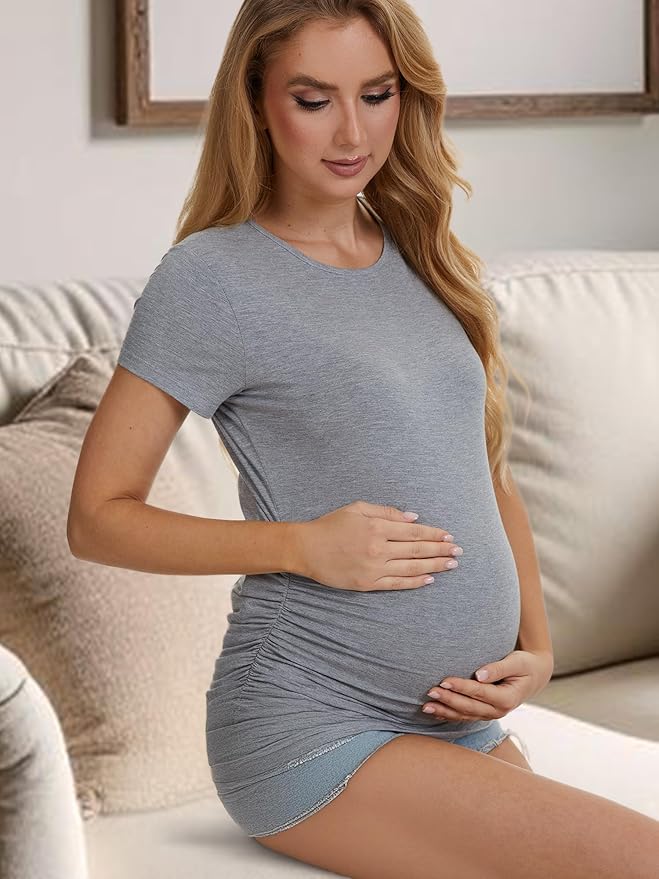 3 Pack Womens Maternity Shirts - Crew Neck Maternity Top Short Sleeve Pregnancy Tee Shirts
