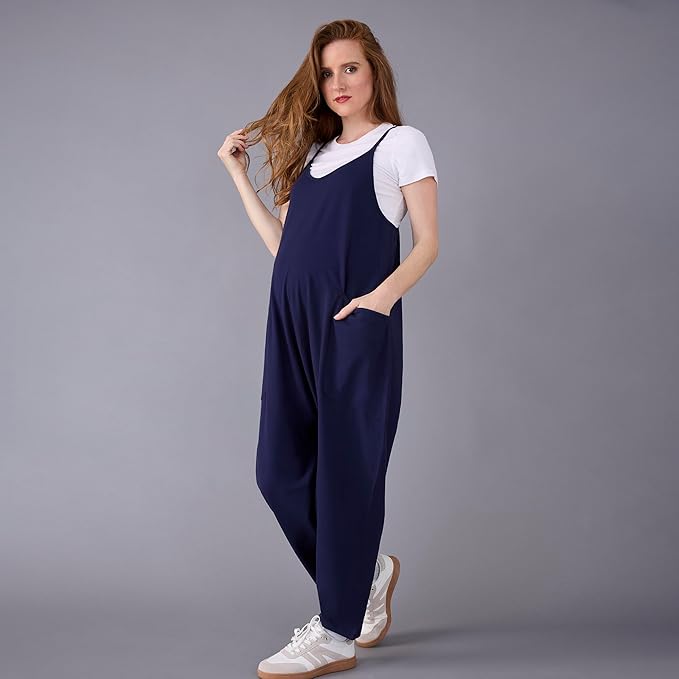 Motherhood Maternity womens Casual Baggy Sleeveless V-neck Pregnancy Romper Jumpsuit With Loose Spaghetti Straps and Pockets