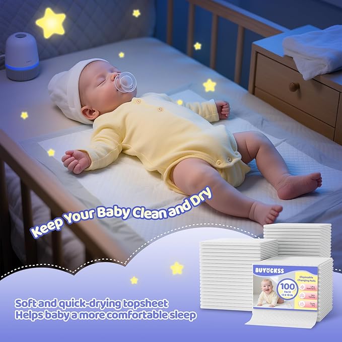 Disposable Changing Pad Liners 100 Count - 13x18 Inches Ultra Soft Super Absorbent Waterproof Baby Diaper Changing Pads White - Leak Proof Baby Changing Mat Liners for Home & Travel