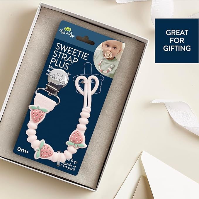 Itzy Ritzy Silicone Pacifier Clip; 100% Food Grade Silicone Pacifier Strap with Clip Keeps Pacifiers, Teethers & Small Toys in Place; Features One-Piece Design & Cord (Strawberry)