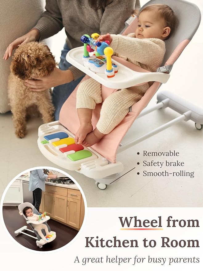 CuddoBaby Baby Bouncer 4-in-1 on Wheels |Detachable Pianos, Feeding Tray| 3-Level Recline Foldable Seat with Play Bar for Infant to Toddler 0-6, 0-12, 12-24 Months, Girl Gift Idea - Pink