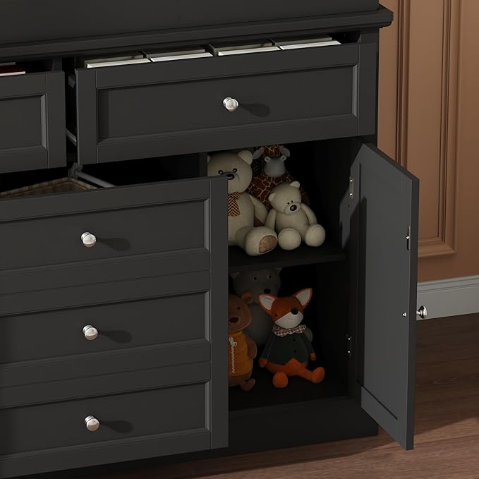 Nursery Dresser with Changing Table Top, 46" W Baby Dresser with 2 Drawers, Laundry Basket & Raised Guard, Infant Diaper Changing Storage Organize Station for Nursery and Baby Bedroom, Black