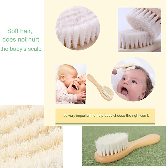 Baby Hair Brush with Wooden Handle and Comb Set for Newborns & Toddlers | Natural Soft Goat Bristles l Wood Comb l Green Cradle Cap Brush | Ideal for Cradle Cap (3 Piece)