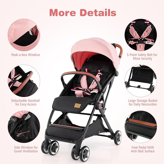 BABY JOY Lightweight Baby Stroller, Compact Toddler Travel Stroller for Airplane with 5-Point Harness, Adjustable Backrest/Footrest/Canopy, Storage Basket, Easy One-Hand Fold (Pink)