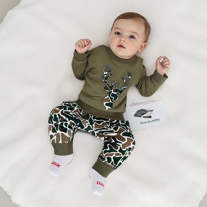 Muineobuka Toddler Baby Boy Hunting Clothes Reindeer Embroidery Sweatshirt and Camouflage Pants Outfits Baby Camo Clothing