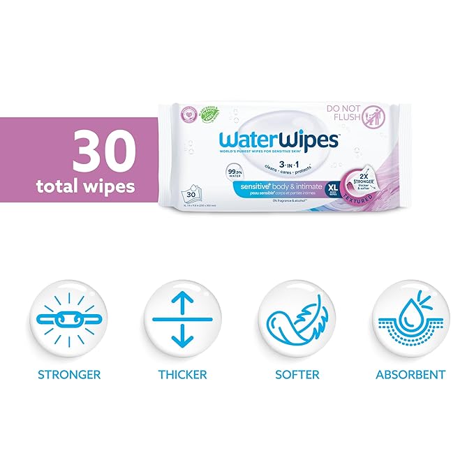 WaterWipes Sensitive+ Body & Intimate Wipes, 3-In-1 Cleans, Cares, Protects, 99.9% Water, Unscented & Hypoallergenic Hygiene Wet Wipes, Adult Care, 30 Wipes (1 Packs)