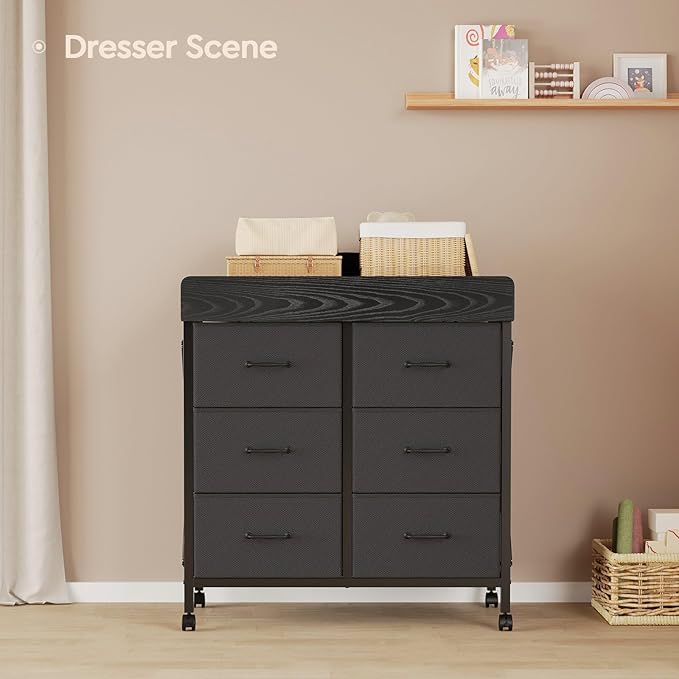 Baby Changing Table Dresser with Wheels, 6-Fabric Drawer Baby Dresser with Changing Table Top, Waterproof Diaper Changing Station & Pad, Mobile Storage Unit, Compact Baby Furniture, Black