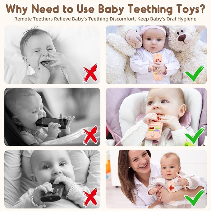 Teething Relief Teethers Toys for Babies 3-6 12 Months Gifts, Food Grade Silicone Sensory Remote Control Baby Teether Bath Toys for 3 9 18 Months Newborn Infant Boy Girl Autism, Pink