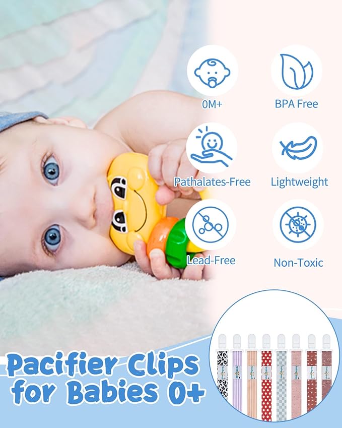 babygoal Stripe Pacifier Clips, 8 Pack Binky Paci Holder Clips Fits for Most Pacifiers and Binkies 8PS50-B