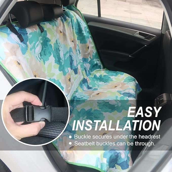 Back Seat Cover Protector for Dogs and Kids, Universal Waterproof Towel Rear Bench Seat Cover for Car, Truck, Van & SUV, Machine-Washable Backseat Car Covers (Cyan Flower, 1pcs Rear Seat)