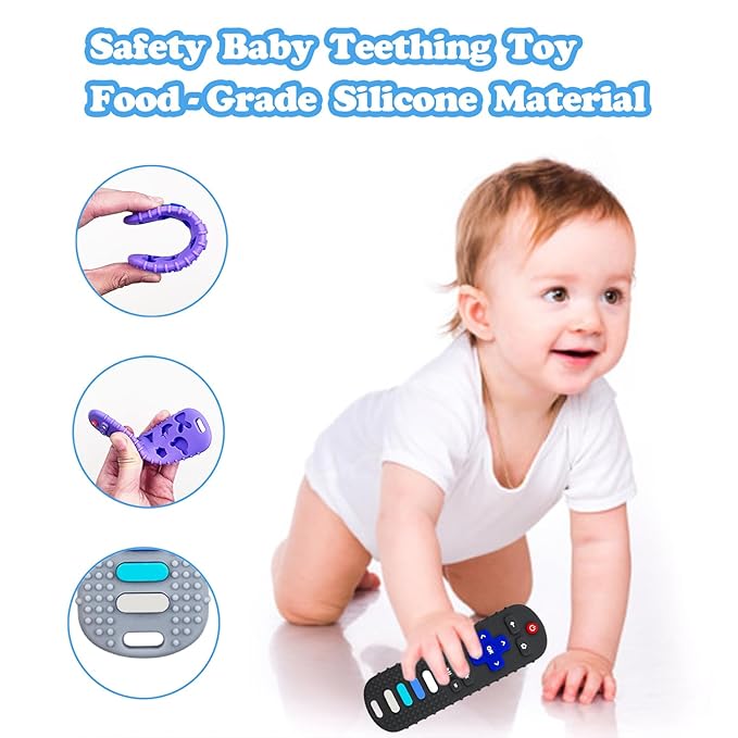 Baby Teething Toys, Food Grade Silicone Teether for Babies 3 6 12 18 Months, TV Remote Shape Toddlers Chew Toys, Freezer BPA Free (Black+Beige)
