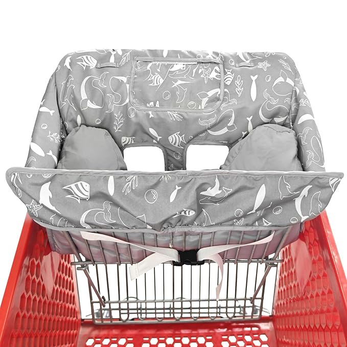 Love&go Soft Pillow Attached 2-in-1 Shopping Cart and High Chair Cover for Baby, Cotton Padded Cart Cover, Fold'n Roll Style, Portable with Carry Bag (Gray Seaworld)