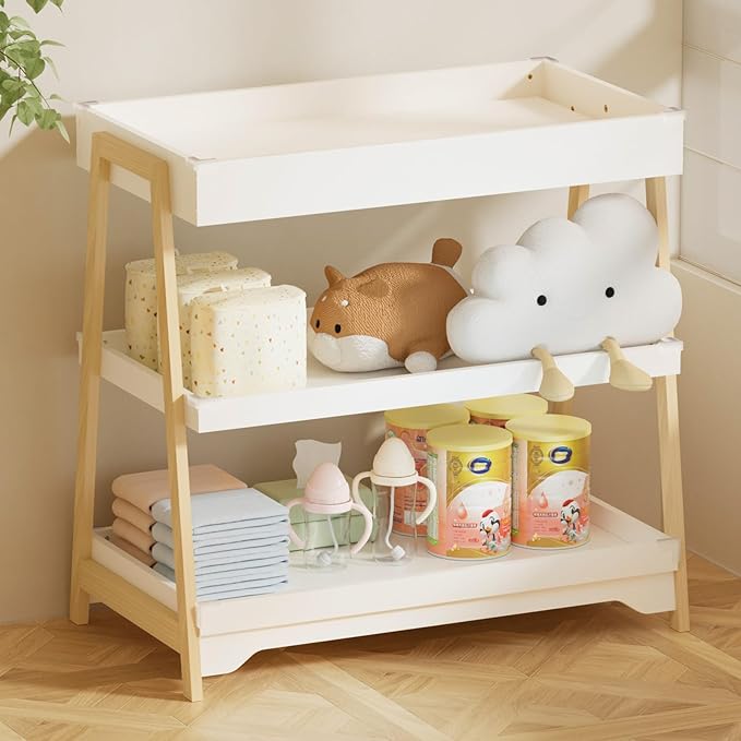 YUFU Baby Changing Table, Portable Diaper Changing Table with Changing Pad, Baby Diaper Changing Station with 2 Tier Storage Shelves for Newborn Baby and Infant, White/Natural