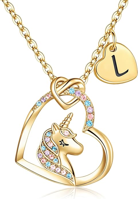 Hidepoo Valentines Gifts for Kids Girls - Unicorn Necklace Gifts for Teen Girls Kid, Colorful CZ Heart Pendant Initial Unicorn Necklaces for Girl Jewelry Birthday Gift for Girl Kid