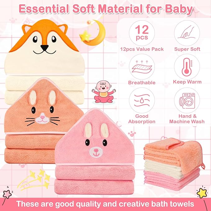 31x31 Inch Baby Hooded Towels, 12Pcs Baby Towels and Washcloths Set, Soft and Absorbent Baby Bath Towels, 3 PCS Cute 32x32 in Baby Towel with Hood and 9 Pcs Baby Washcloths for Boys and Girls