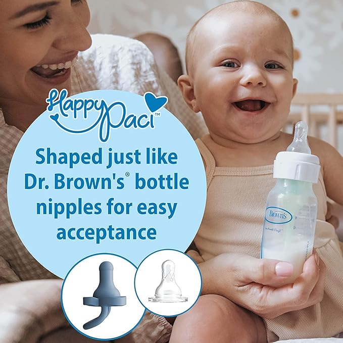 Dr. Brown's HappyPaci 100% Silicone Baby Pacifier, Contoured One-Piece Design, Blue/Light Blue/White + Gray/Green/Ecru, 0-6m, BPA-Free, 6-Pack