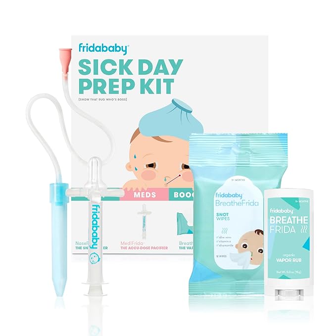 Frida Baby Sick Day Prep Kit- Include NoseFrida Nasal Aspirator/MediFrida Pacifier Medicine Dispenser/Breathefrida Vapor Chest Rub + Snot Wipe/Soothe Stuffy Nose for Babies, 4 Count (Pack of 8)