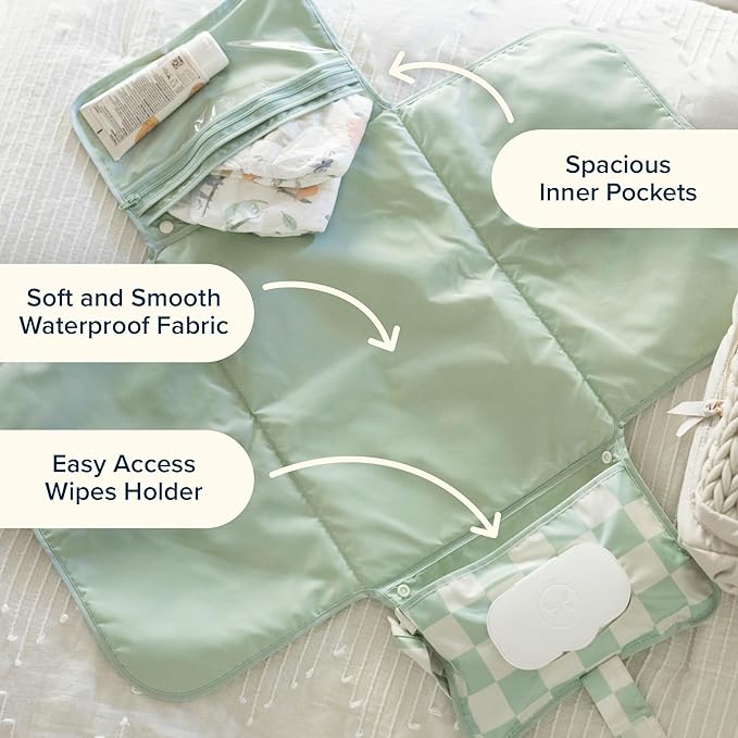 Tiny Twinkle Portable Diaper Changing Pad | Waterproof, Wipeable & Compact Baby Changing Pad for Travel | Smart Wipes Pocket & Organized Storage| Newborn Shower Gift (Gingham)