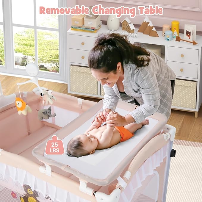 BABY JOY 4 in 1 Pack and Play with Canopy, Portable Baby Playard with Bassinet, Double-Layer Baby Crib, Wheels & Brake, Foldable Baby Girl Pink Bassinet from Newborn to Toddler