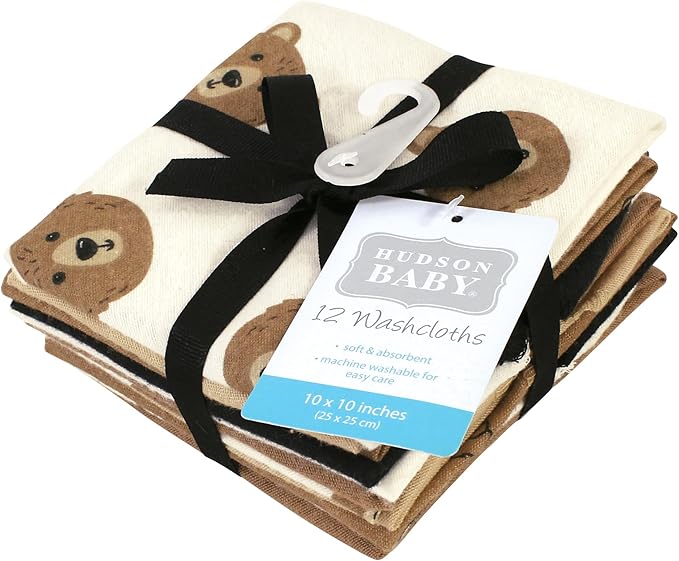 Hudson Baby Unisex Baby Flannel Cotton Washcloths, Brown Bear 12 Pack, One Size