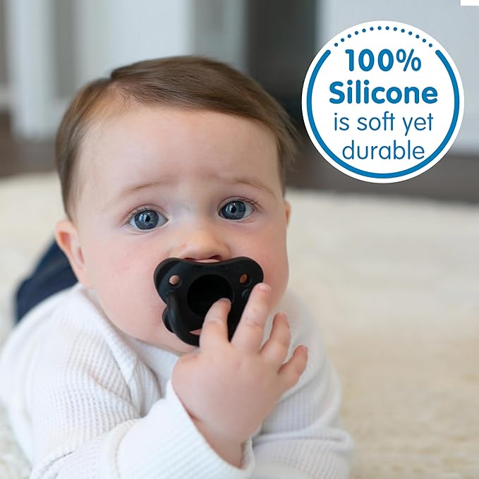 Dr. Brown's HappyPaci 100% Silicone Baby Pacifier, Contoured One-Piece Design, Gray, Black, White, 0-6m, BPA-Free, 4-Pack