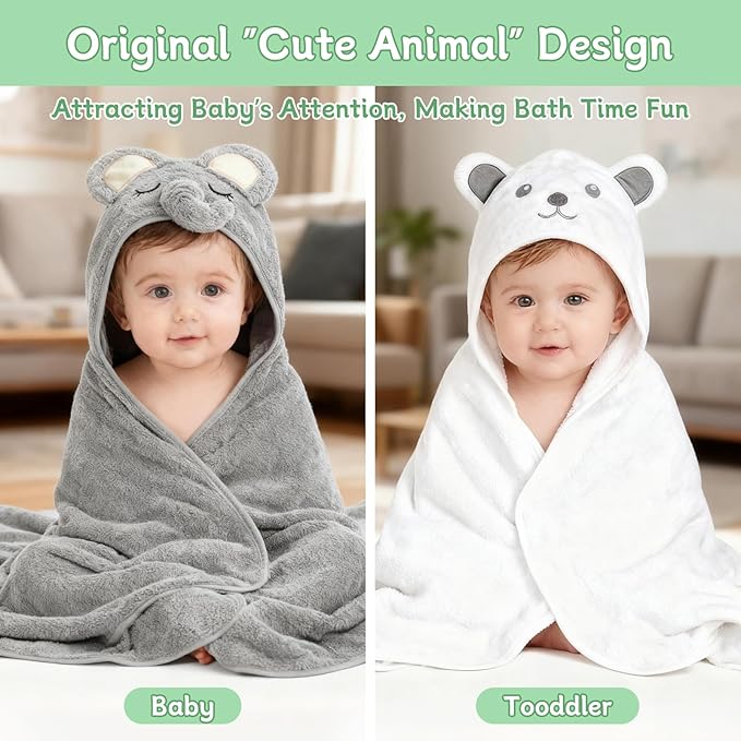 10 PCS Baby Towels Set - 2 Hooded Towels & 8 Washcloths, Ultra Soft & Absorbent Bath Towels for Newborn, Infant, Toddler, Baby Shower, Daily Use, Cute Animal Design
